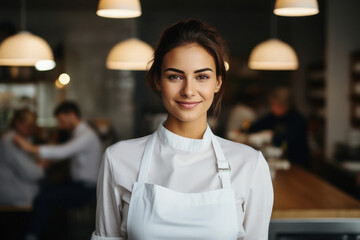 Confident female chef or cook standing at restaurant