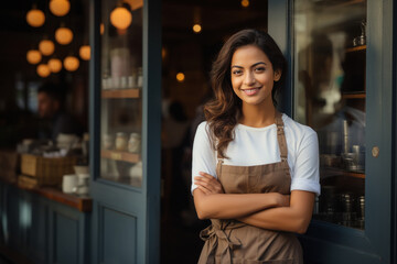 Confident female chef or cook standing at restaurant