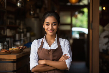 Confident female chef or cook standing at restaurant
