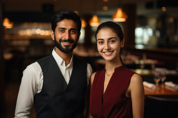 young and lovely couple together in restaurant.