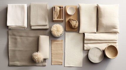 Fototapeta na wymiar Collection of linen materials in neutral tones, highlighting the natural weave
