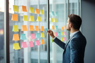 head manager lead brainstorm ideas sharing standing concentrate make a decision for strategy new project hand write short note paper sticky note on glass ideas wall board in modern office