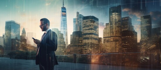business connecting ideas concept businessman wear formal suit using smartphone standing confident in urban city downtown night city light bokeh crowd people background