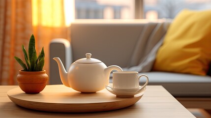A teapot and an elegant ceramic cup in a hygge style living space, combining comfort and modern aesthetics.