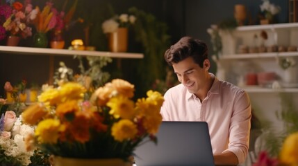 male florist small business owner taking care of various flowers and bouquets in his shop using laptop checking order happiness cheerful and positive smiling .