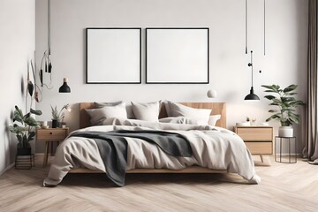 Bedroom interior with poster mockup, modern style