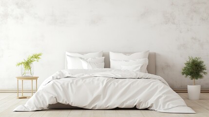 White bed with bedding and pillows in a bedroom.