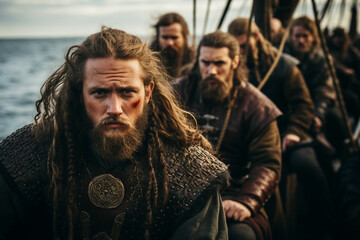 Vikings on longships sail to conquer new lands