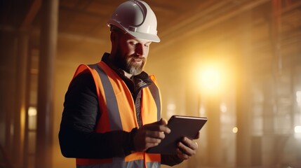 Touchscreen Tablet Computer is used by an industrial engineer wearing a hard hat and a safety jacket. He is employed by the Heavy Industry Manufacturing Factory. generative ai