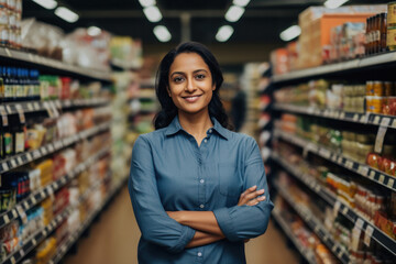 Confident young woman grocery store owner standing and smiling.
