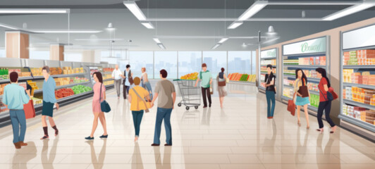 Shopping mall, department store interior with the supermarket for background banner with copy space, illustration, Abstract blurred image