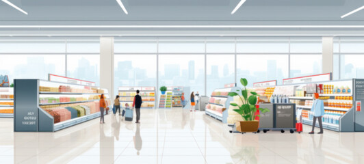 Shopping mall, department store interior with the supermarket for background banner with copy space, illustration, Abstract blurred image