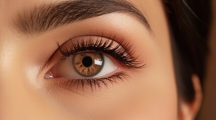 Fototapeta premium Woman's beauty, eye, and vision Cosmetic glamor style with natural and neutral eyeshadow macro. Close-up of a toddler's eye with makeup. Pediatric ophthalmology and eye health require a macro vision.