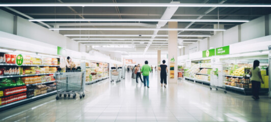 Shopping mall, department store interior with the supermarket for background banner with copy space, Abstract blurred image - obrazy, fototapety, plakaty