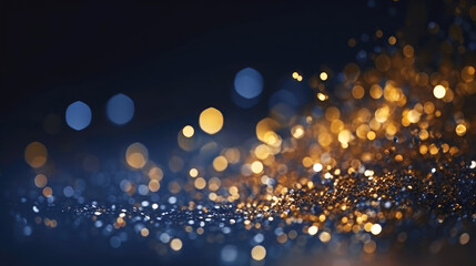 Fototapeta na wymiar Abstract blue and gold shiny Christmas background with bokeh. Holiday bright blurred backdrop with particles.