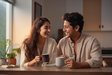 Young couple taking tea or coffee together at home