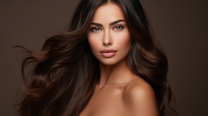 Fototapeta premium Beautiful brunette with wonderfully curled hair and traditional make-up. Face and hair beauty. generative ai