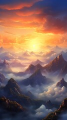 Sunrise in the mountains. AI generated art illustration.