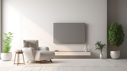 Create a 3D image of a contemporary minimalist interior with a wall mounted TV and armchair, rendered in white.