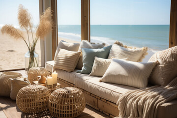 Living room. comfortable sofa and pillow and beach view from living room.