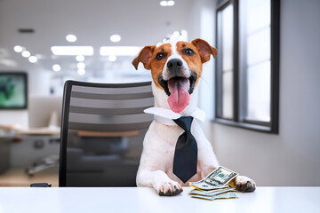 Jack Russell Terrier dog in businessman's clothes and money