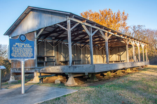 Dockery, USA - November 30, 2022  - Mississippi Blues Trail marker at the Dockery Farms cotton plantation in Dockery, Mississippi, regarded as the place where Delta blues music was born