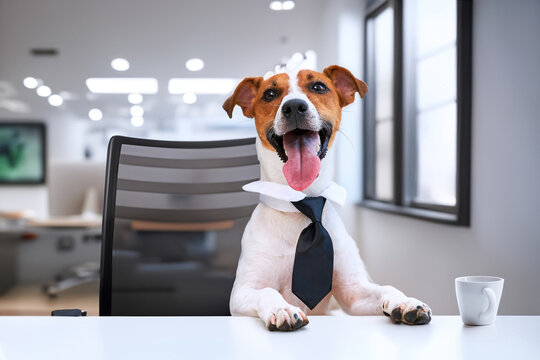Dog jack russell terrier in glasses and a tie sits at a desk