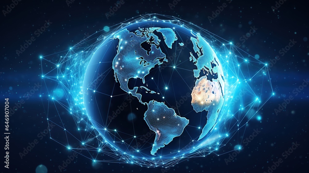 Poster blue planet with space and network communication. generative ai