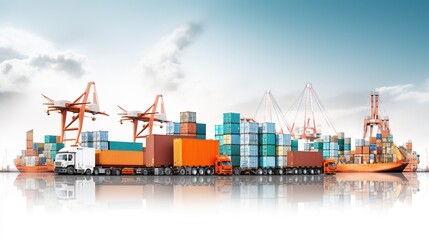 Business Logistics and Transportation Concept, of Container Cargo Train and Truck for Logistic Import Export and Transport Industry. generative ai