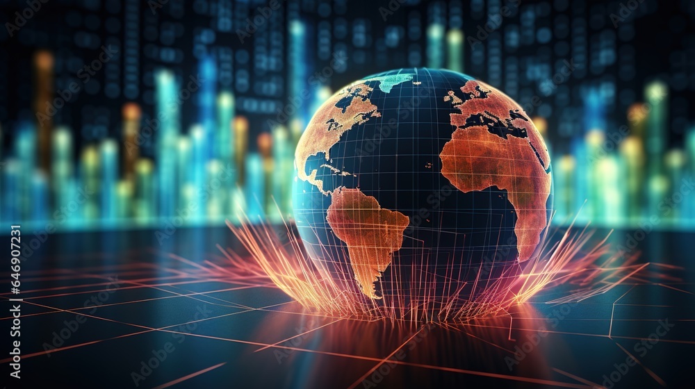Poster global business network in the digital space with world map, internet connectivity, and binary code 