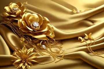 3D wallpaper, gold jewelry flowers on silk background