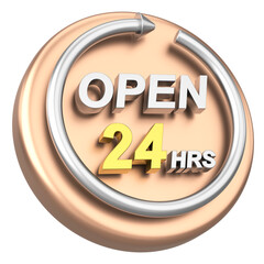 24 hours icon. Open all day. 3D illustration.