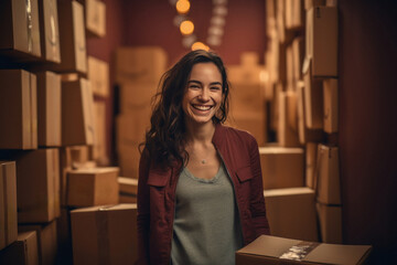 Young woman giving happy expression with surrounding boxes. big shopping concept