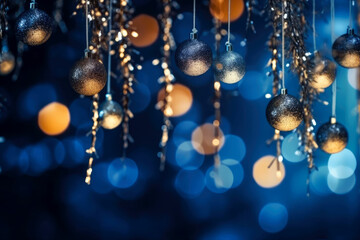 Fototapeta na wymiar Abstract blue and gold shiny Christmas background with bokeh. Holiday bright blurred backdrop with Christmas balls and particles.
