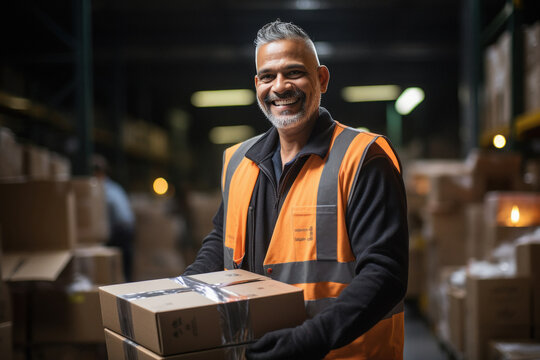 Indian man holding box in hand at warehouse