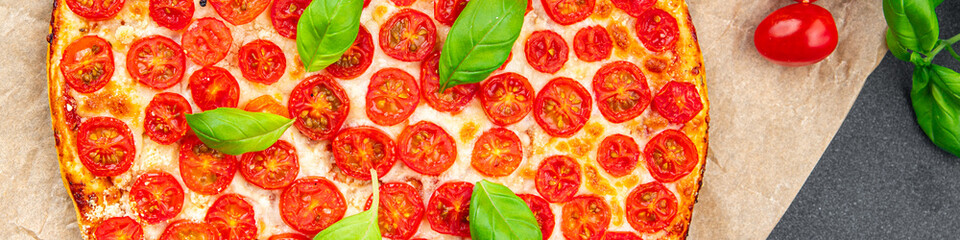 pizza fresh tomato Pizza Margherita ready to eat healthy appetizer meal food snack on the table copy space