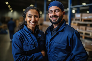 Man and woman in blue color uniform and work together