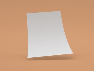 Curved sheet of A4 paper on a brown background. 3d render illustration.