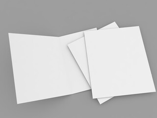 Double open brochure mockup and sheets of paper on grey background .3d render illustration.