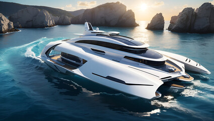 Ocean Elegance: Modern Futuristic Luxury Yacht in Sunlight - obrazy, fototapety, plakaty