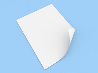 White realistic sheet of paper on a blue background. 3d render illustration.