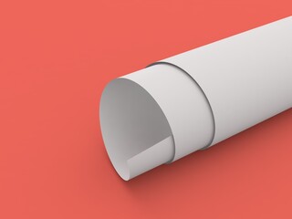 A sheet of office paper folded rolled into a roll on a red background. 3d render illustration.