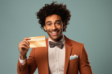 Young man showing card and giving happy expression