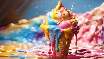 Summer Sweetness: Technicolor Ice Cream Cone Melting in Sun