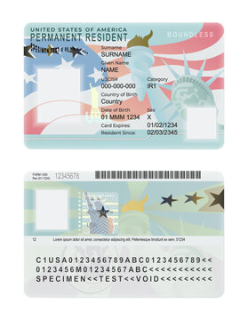 United States of America permanent resident card template isolated on a white background. USA residence permit card, green card