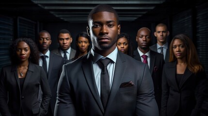 professional black businessman with crossed arms in front of business team