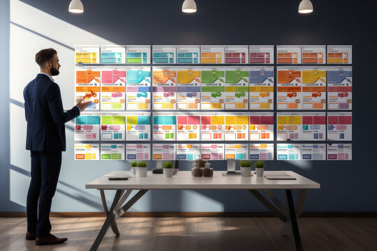 Businessman writing paper notes on board. planning of business process and reminder concept