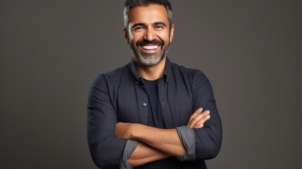 businessman crossing his arms while isolated on a gray background 