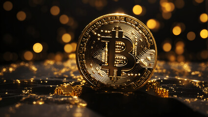 Golden Cryptocurrency - Close-up of Shining Bitcoin in Shadowy Void