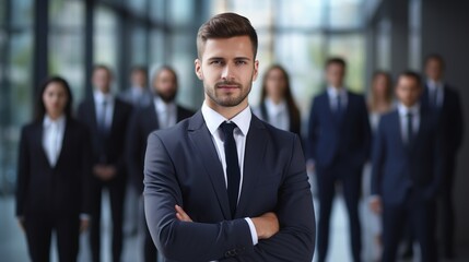 portrait of a smiling business person looking at camera with crossed arms in office. generative ai